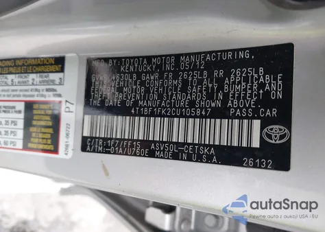 2012 Toyota Camry Se from USA, damaged, VIN 4T1BF1FK2CU105847